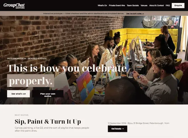 GroupChat Motives event website prototype showing its editorial homepage
