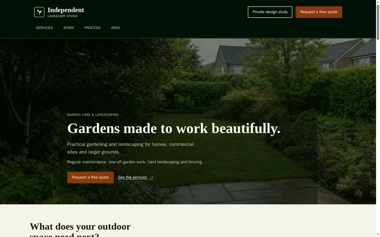 An anonymised landscaping website study with a garden-led homepage